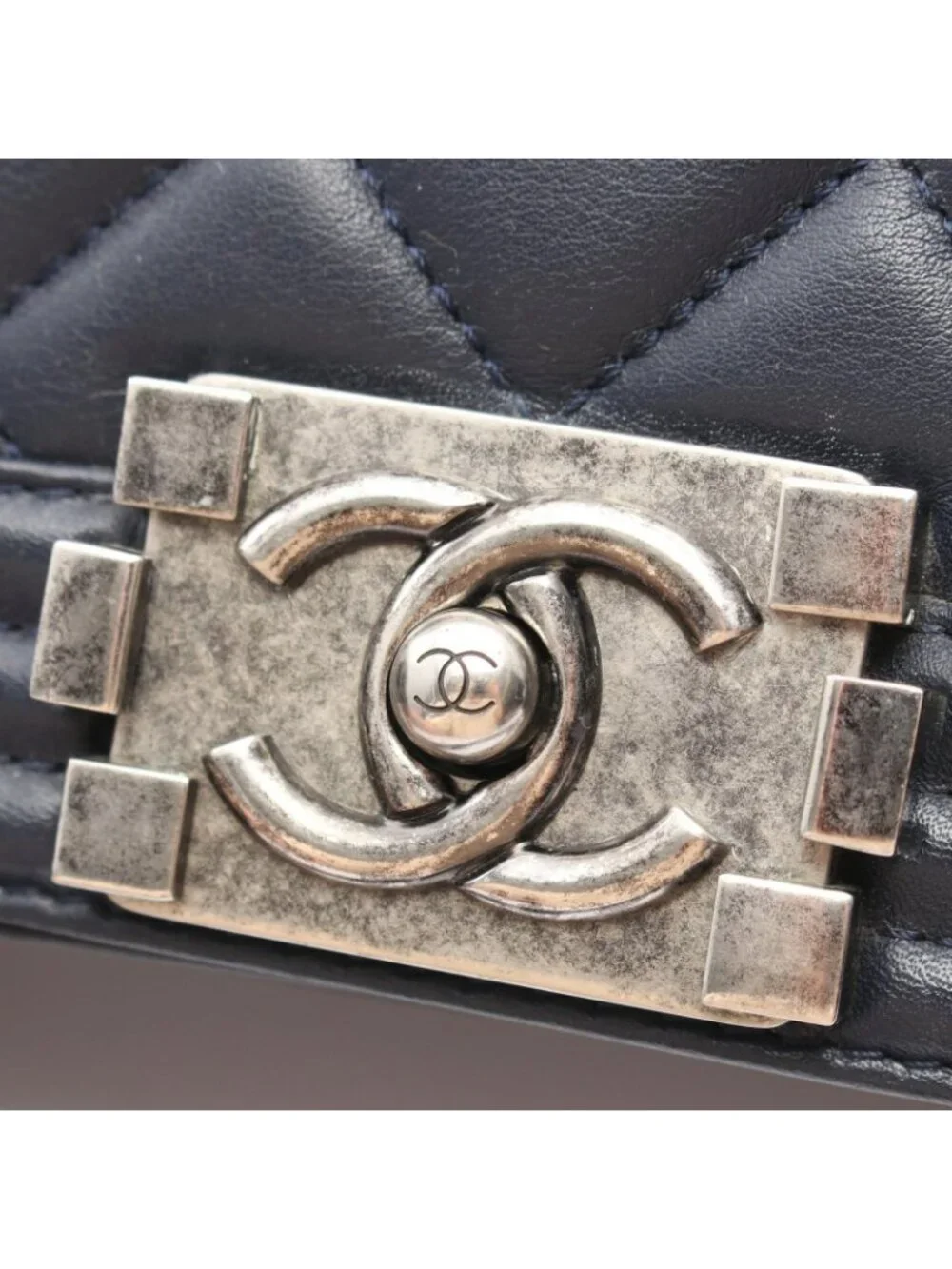 Chanel Shoulder Bag Boy Antique Silver Navy Lambskin Boy Chain